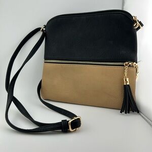 Crossbody Black & Beige Vegan Leather Tassels Purse Bag Pockets Adjustable strap